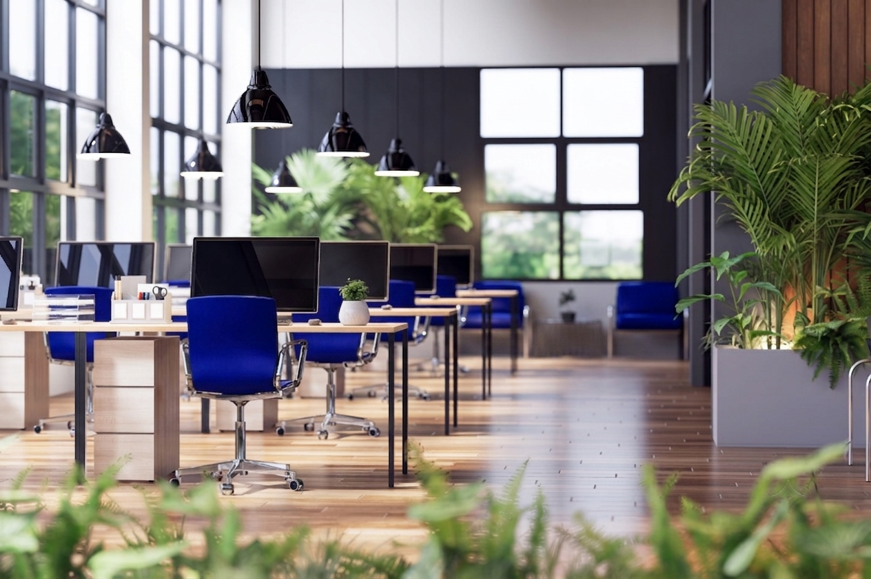 Open workspace with plants